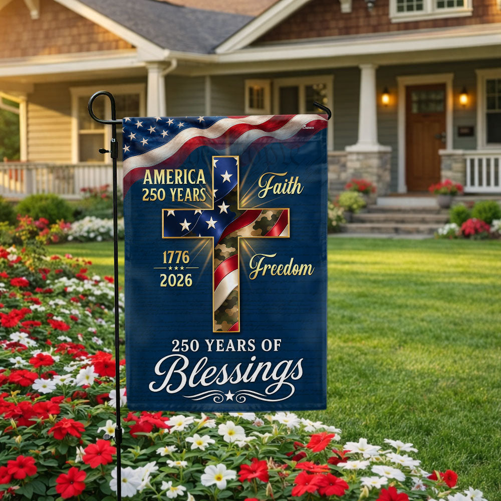 Double-Sided 250 Years of Blessings Christian Cross US Flag