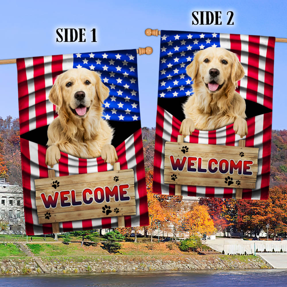 Golden Retriever Welcome Flag with American Flag Design