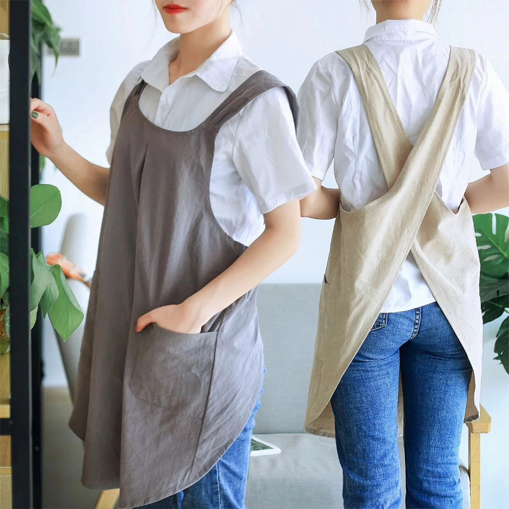 Korean-Inspired Cotton-Linen Cross-Back Apron Dress