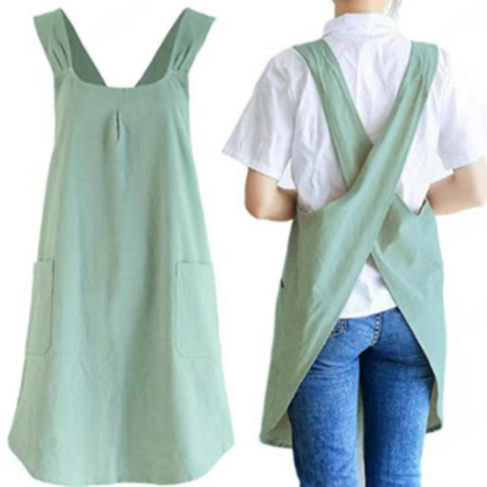 Korean-Inspired Cotton-Linen Cross-Back Apron Dress