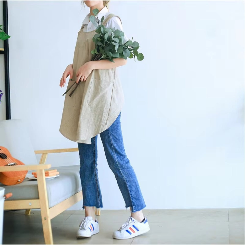 Korean-Inspired Cotton-Linen Cross-Back Apron Dress