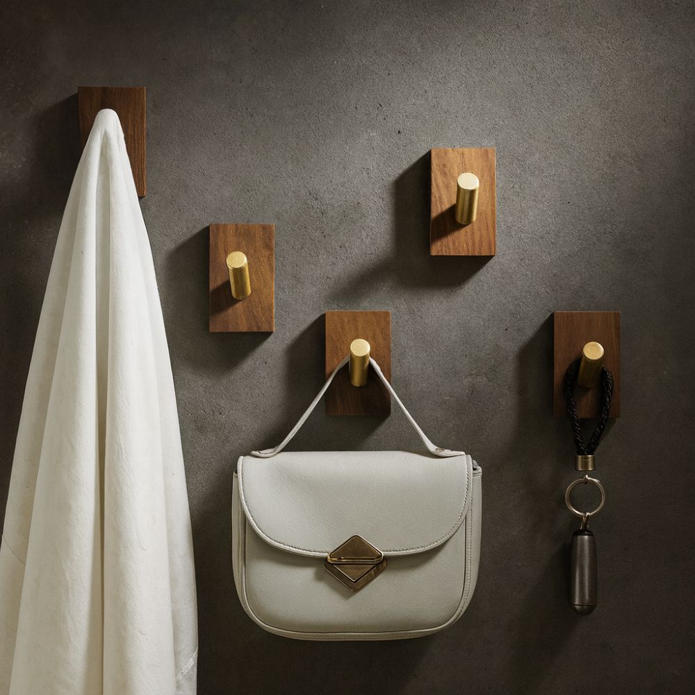 Natural Wood Wall Hook Organizer with Self-Adhesive Backing