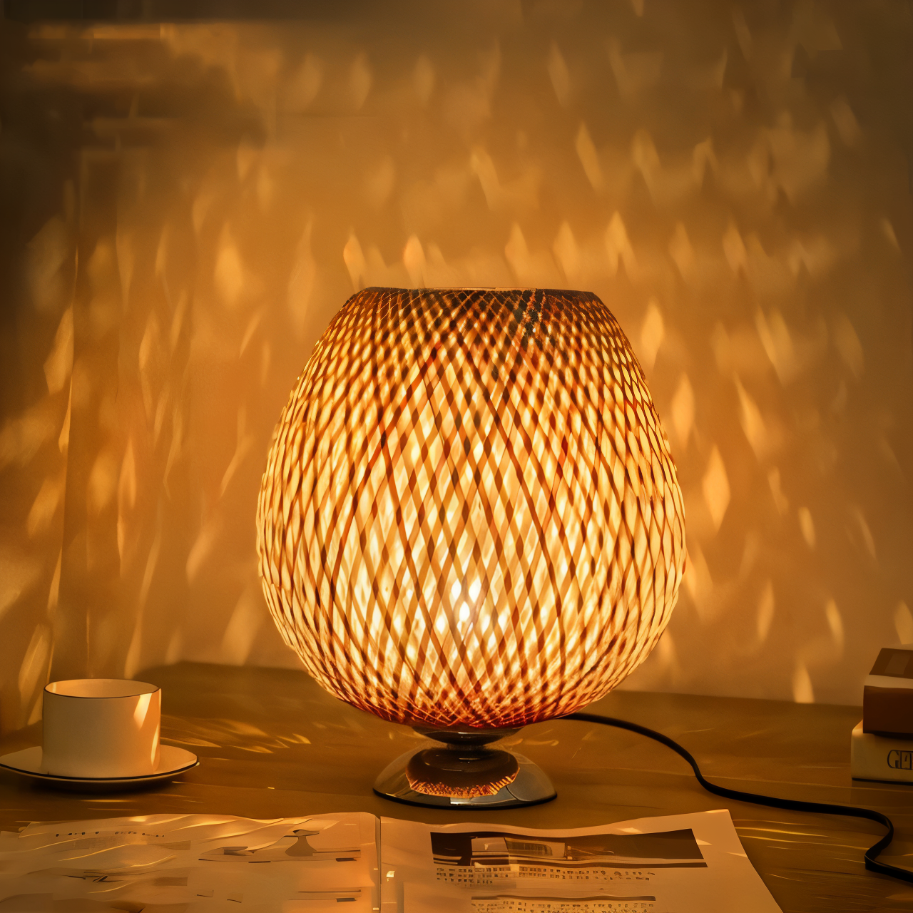 Vintage Bamboo Table Lamp with Woven Rattan Shade