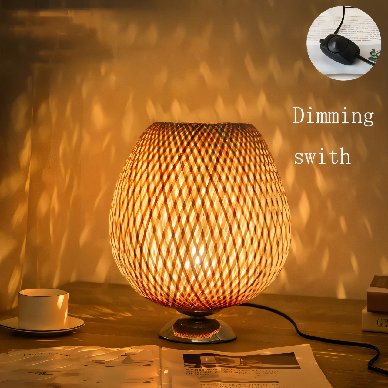 Vintage Bamboo Table Lamp with Woven Rattan Shade