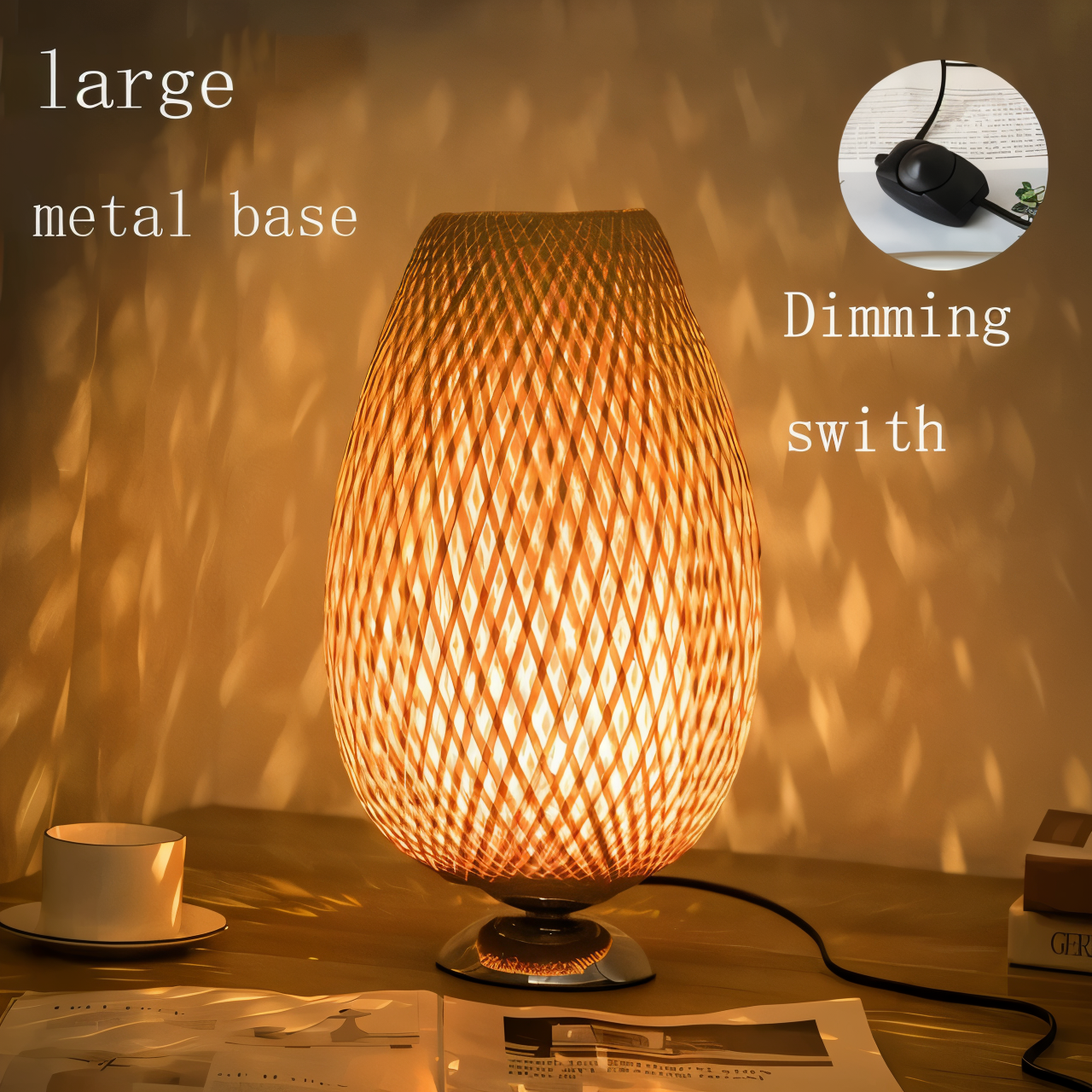 Vintage Bamboo Table Lamp with Woven Rattan Shade