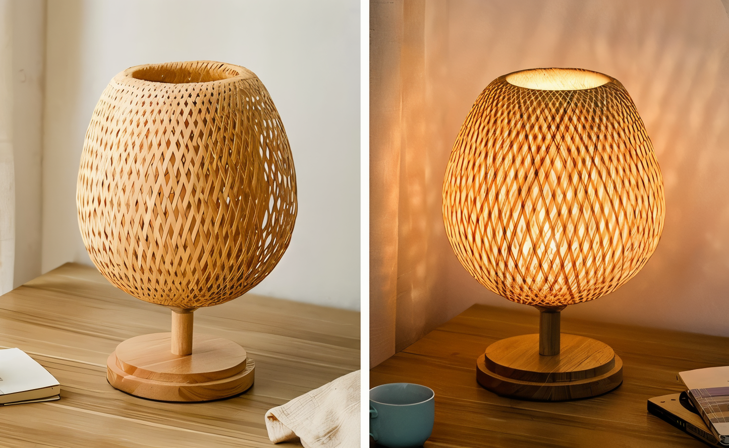 Vintage Bamboo Table Lamp with Woven Rattan Shade