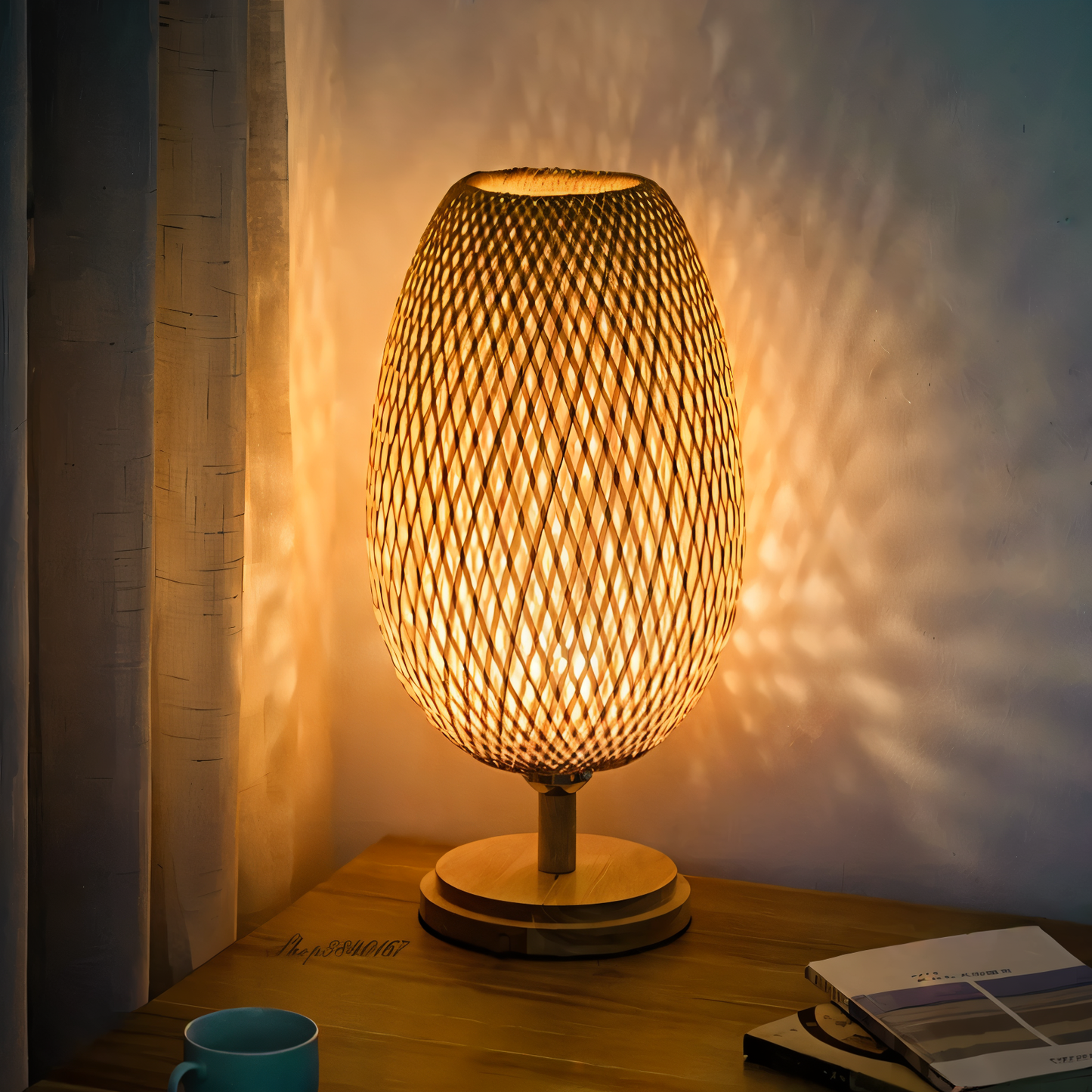 Vintage Bamboo Table Lamp with Woven Rattan Shade