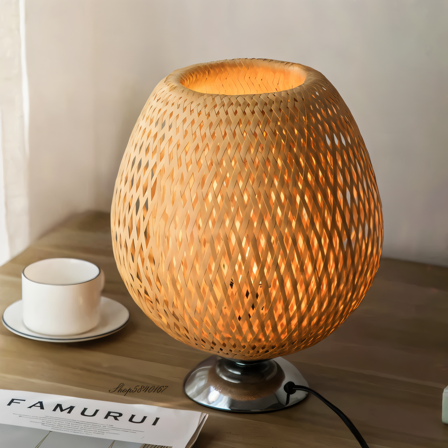 Vintage Bamboo Table Lamp with Woven Rattan Shade