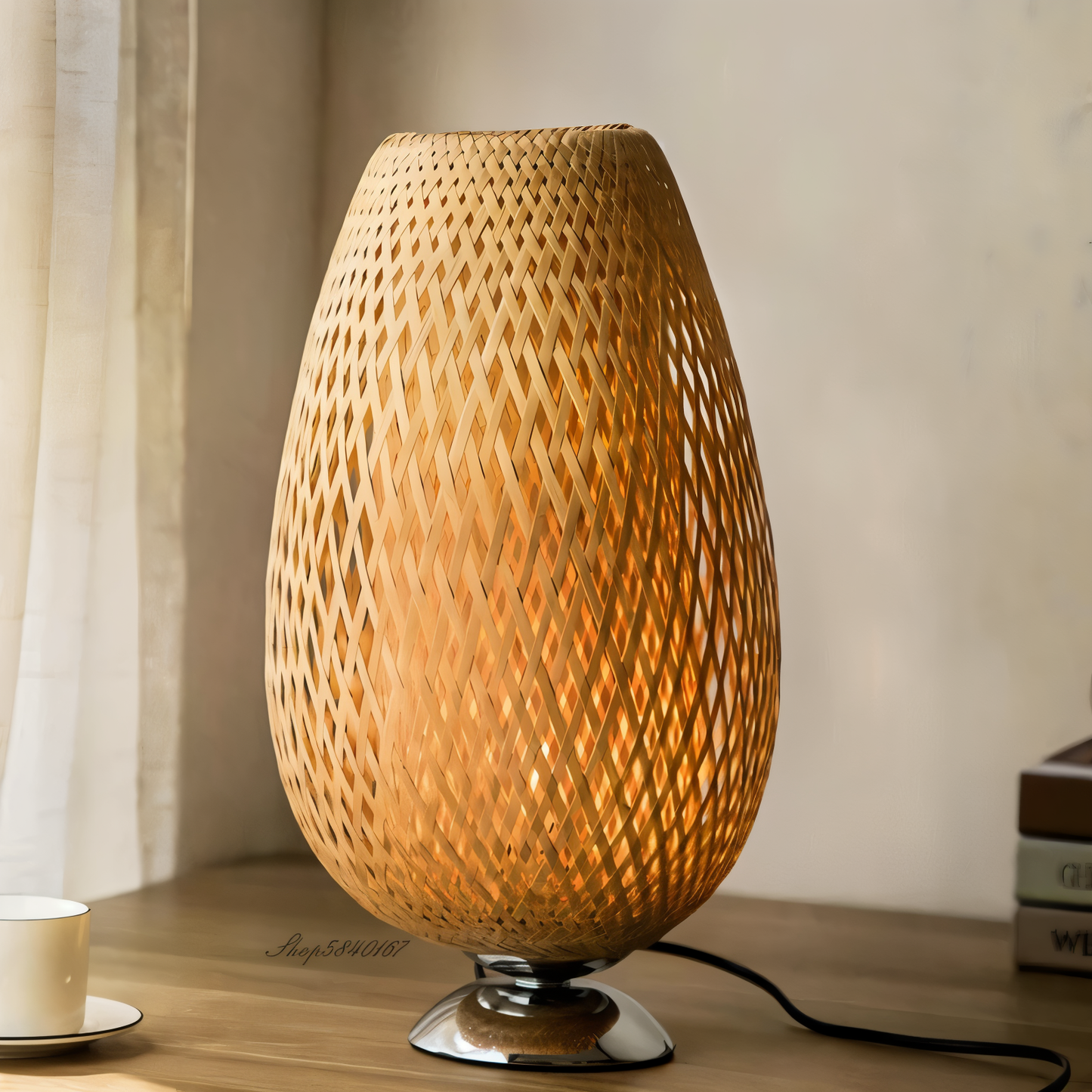 Vintage Bamboo Table Lamp with Woven Rattan Shade