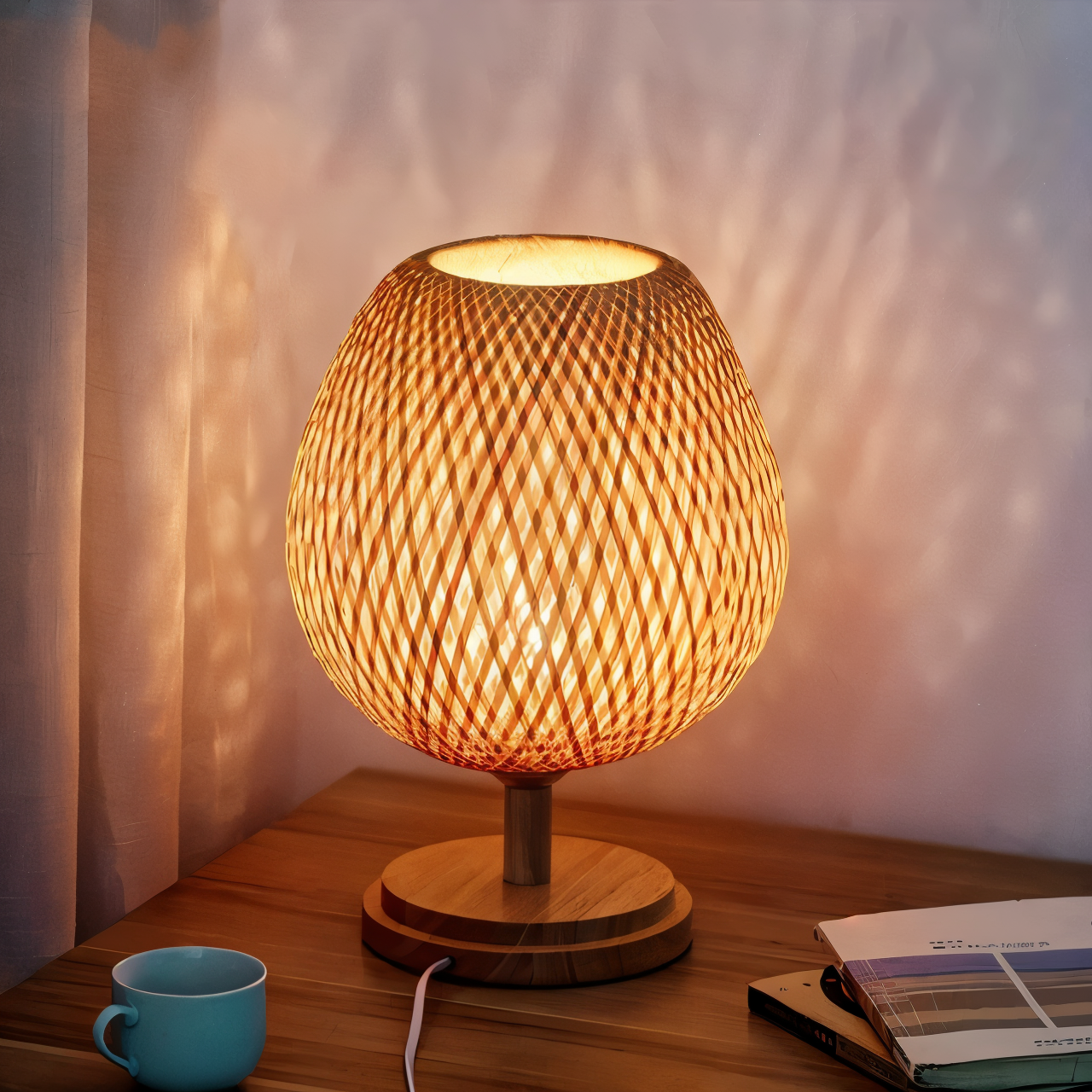 Vintage Bamboo Table Lamp with Woven Rattan Shade