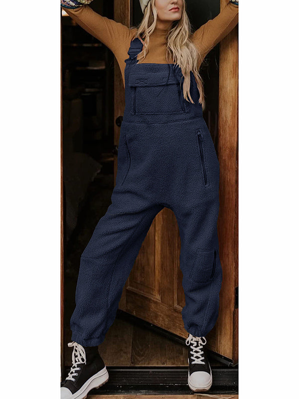 Women's Fleece Thermal Overalls with Adjustable Straps and Zippered Pockets