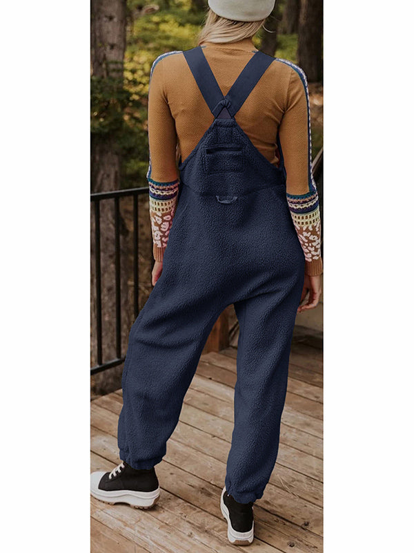 Women's Fleece Thermal Overalls with Adjustable Straps and Zippered Pockets