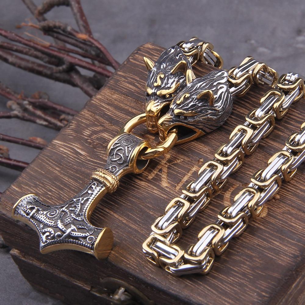 Stainless Steel Double Wolf Head and Mjolnir Necklace Bracelet 24-35 Inch