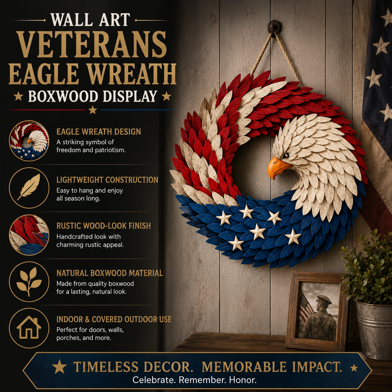 Veterans Eagle Wreath Rustic Wall Art
