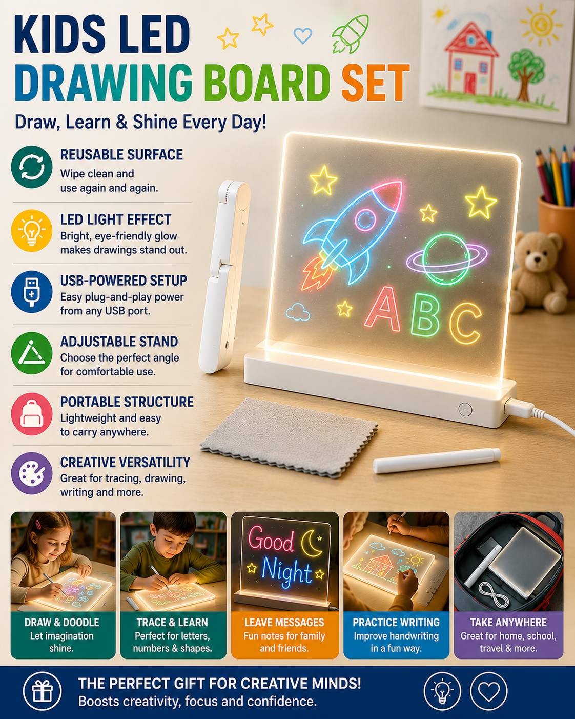 LED Acrylic Drawing Board for Kids with USB Light and Adjustable Stand
