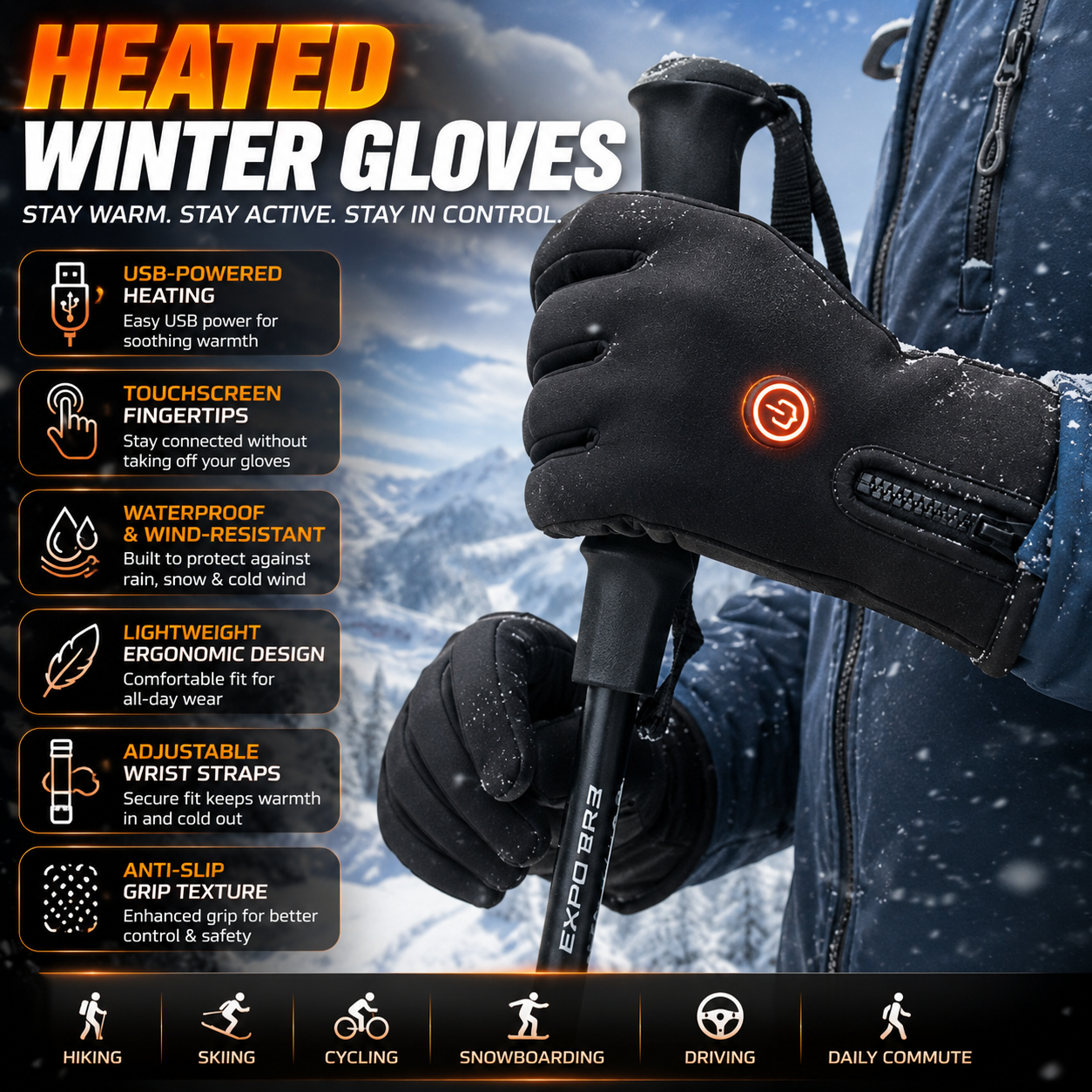 USB Heated Winter Gloves with Touchscreen and Waterproof Design