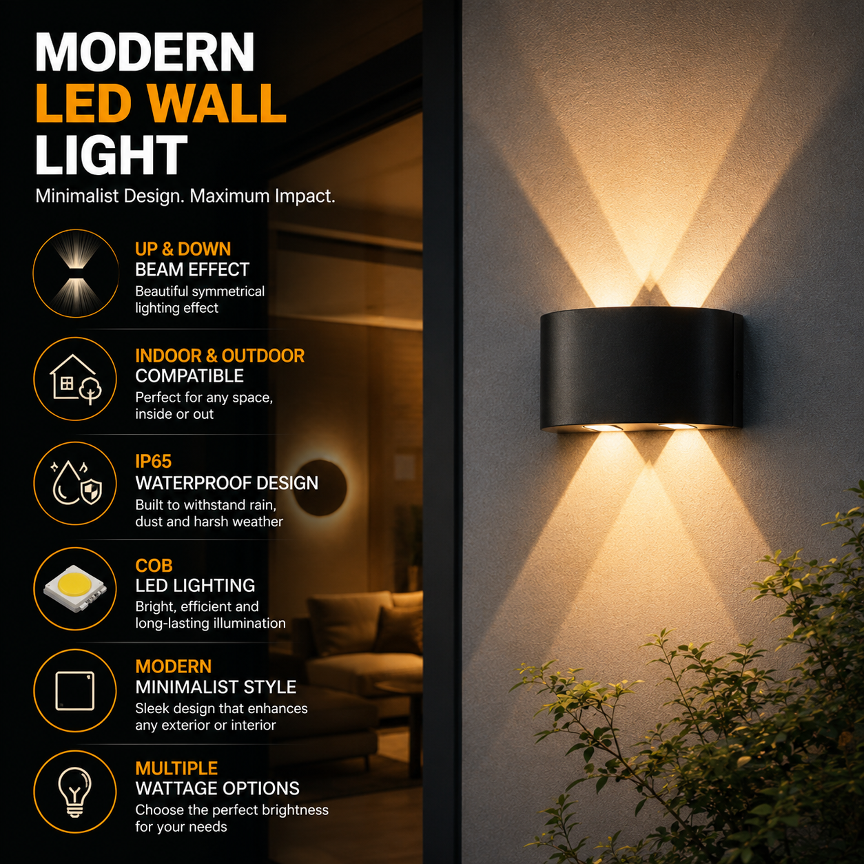 Modern LED Wall Sconce with Up and Down Beam Effect, Waterproof Aluminum Design