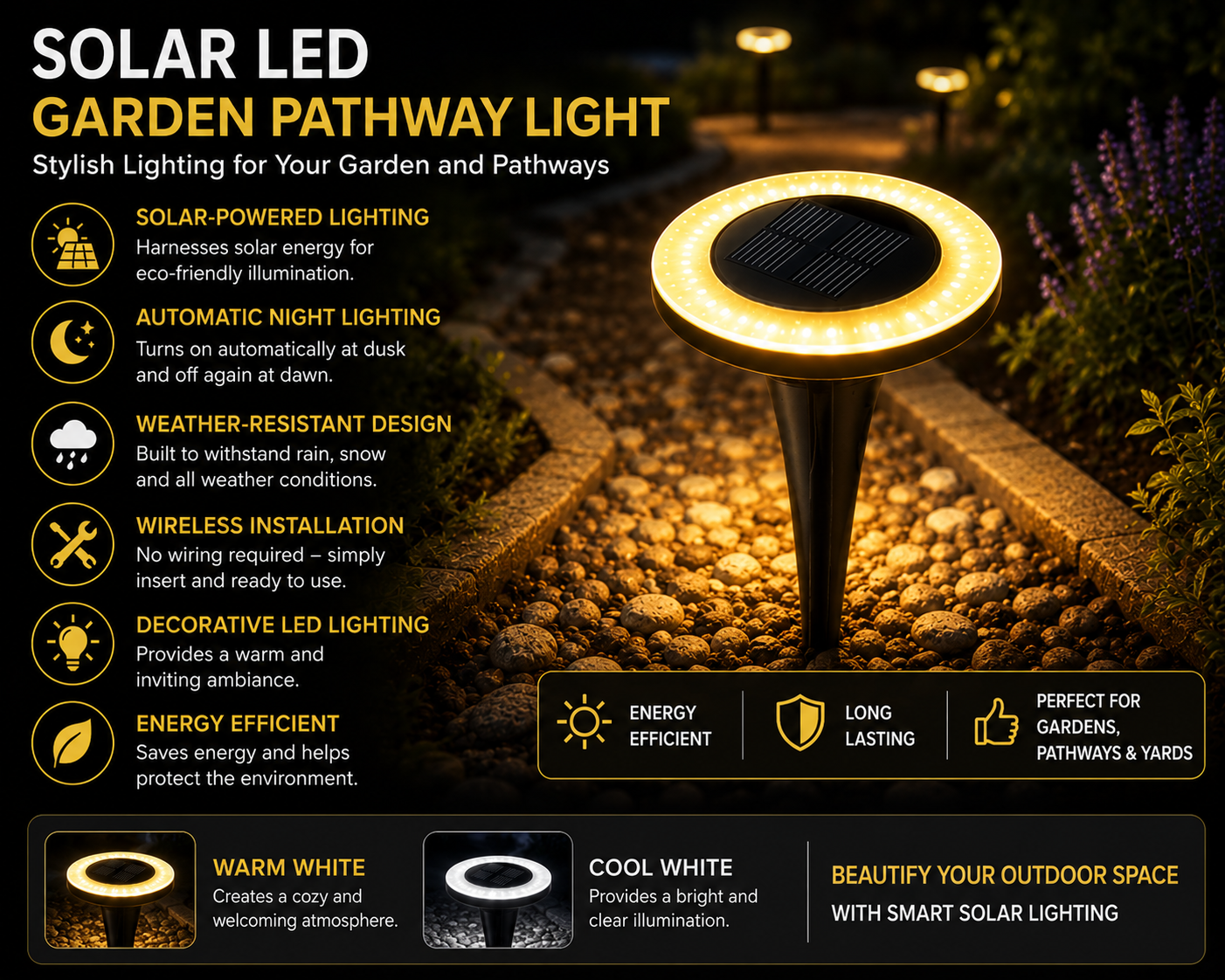 Solar LED Garden Pathway Lights with Automatic Dusk-to-Dawn Sensor