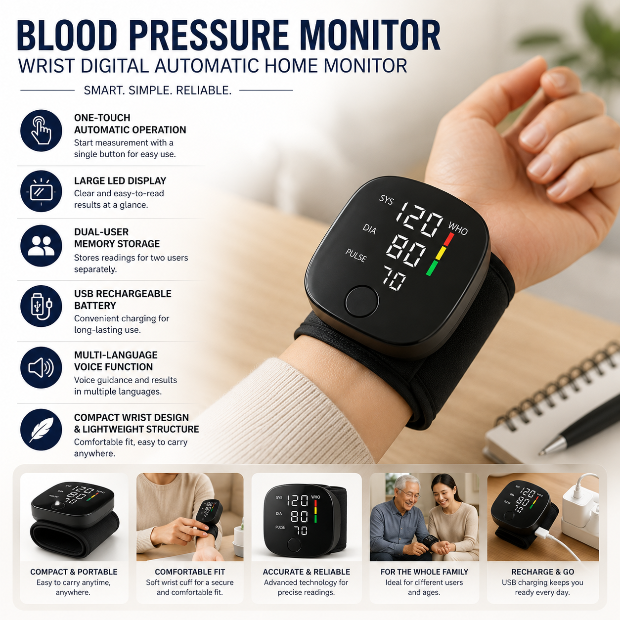 Digital Wrist Blood Pressure Monitor with USB Rechargeable Battery and Voice Function