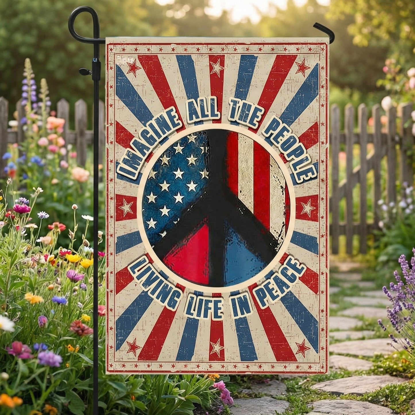 Woodstock Hippie Flag - Imagine All The People Living Life In Peace - Double-Sided Canvas - 3-Day Shipping