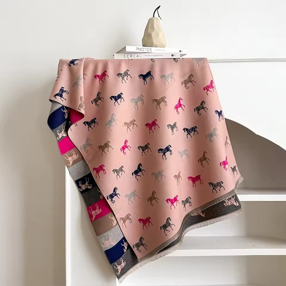 Fringed Horse Print Microfiber Shawl Scarf