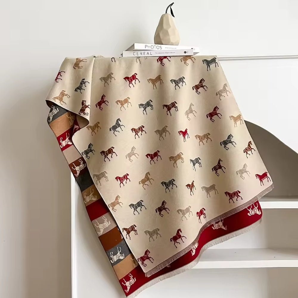 Fringed Horse Print Microfiber Shawl Scarf