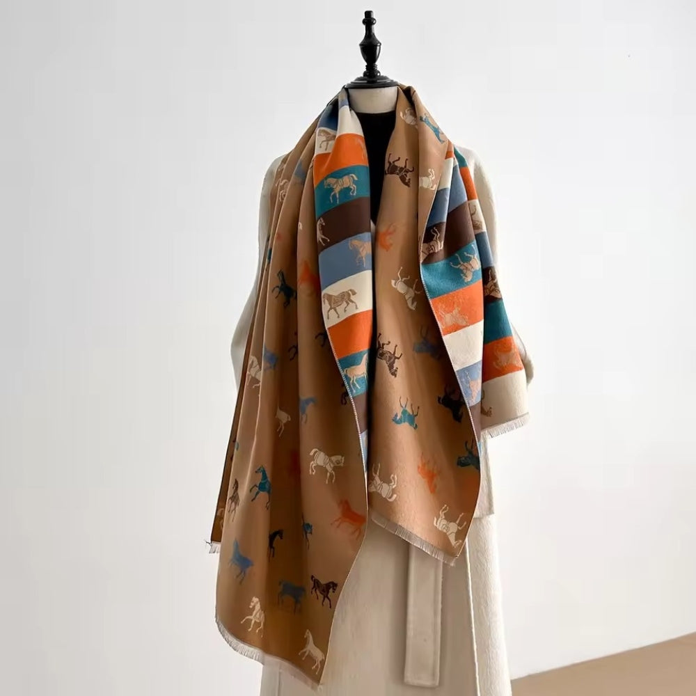 Fringed Horse Print Microfiber Shawl Scarf