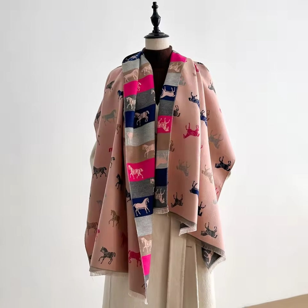 Fringed Horse Print Microfiber Shawl Scarf