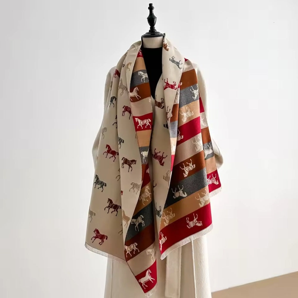 Fringed Horse Print Microfiber Shawl Scarf
