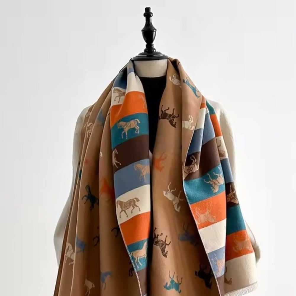 Fringed Horse Print Microfiber Shawl Scarf