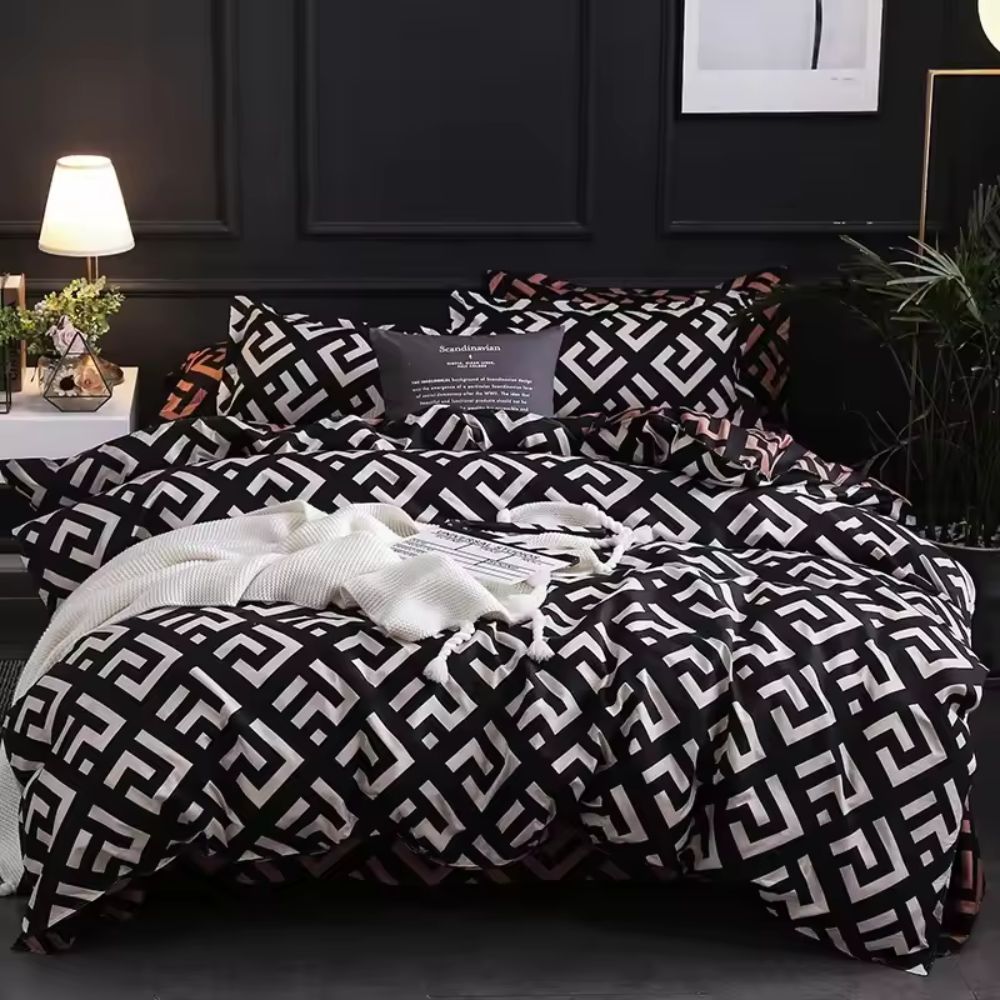 Noir Enigma Geometric Duvet Cover Set in Microfiber - 3 Pieces