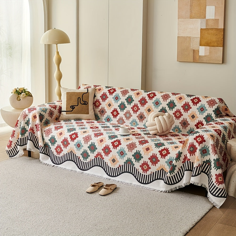 Geometric Earth-Tone Sofa Throw Cover with Fringe