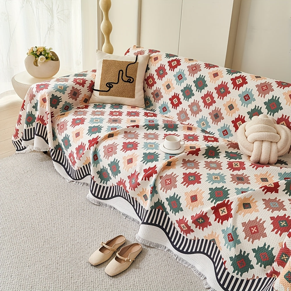 Geometric Earth-Tone Sofa Throw Cover with Fringe