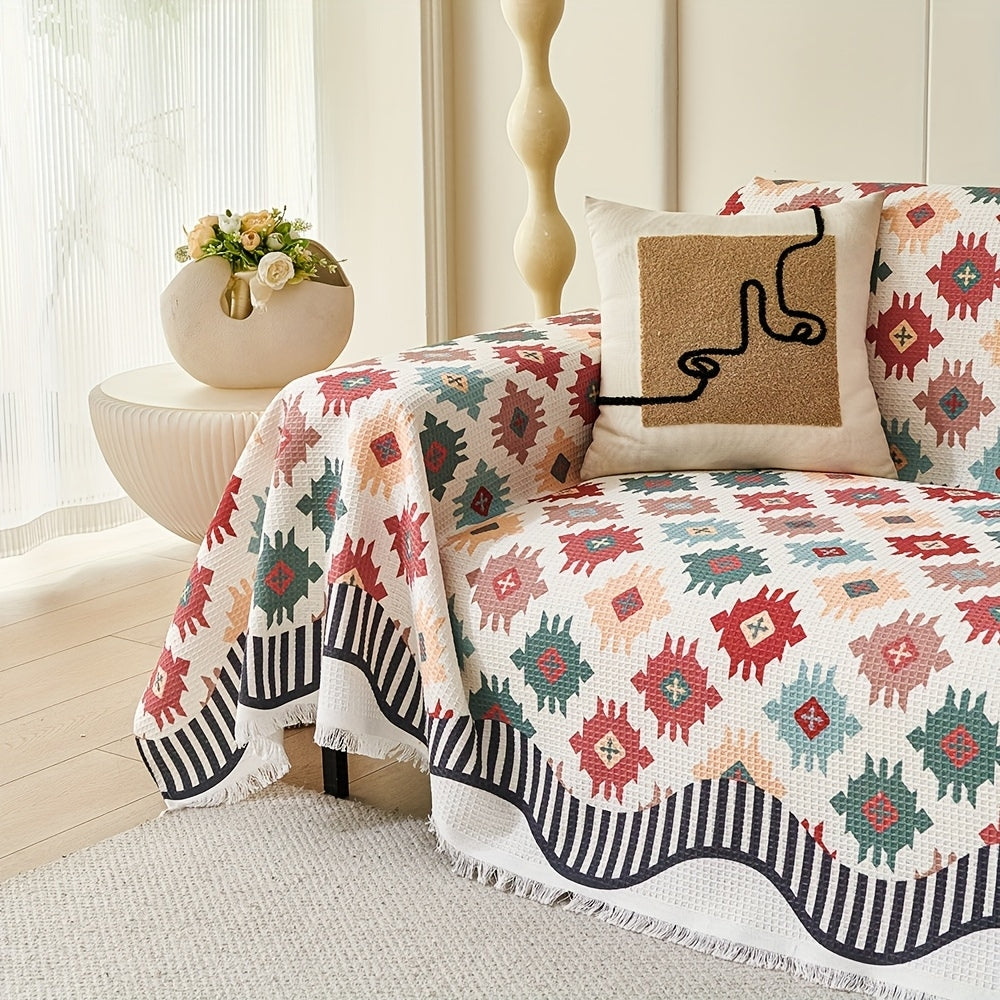 Geometric Earth-Tone Sofa Throw Cover with Fringe