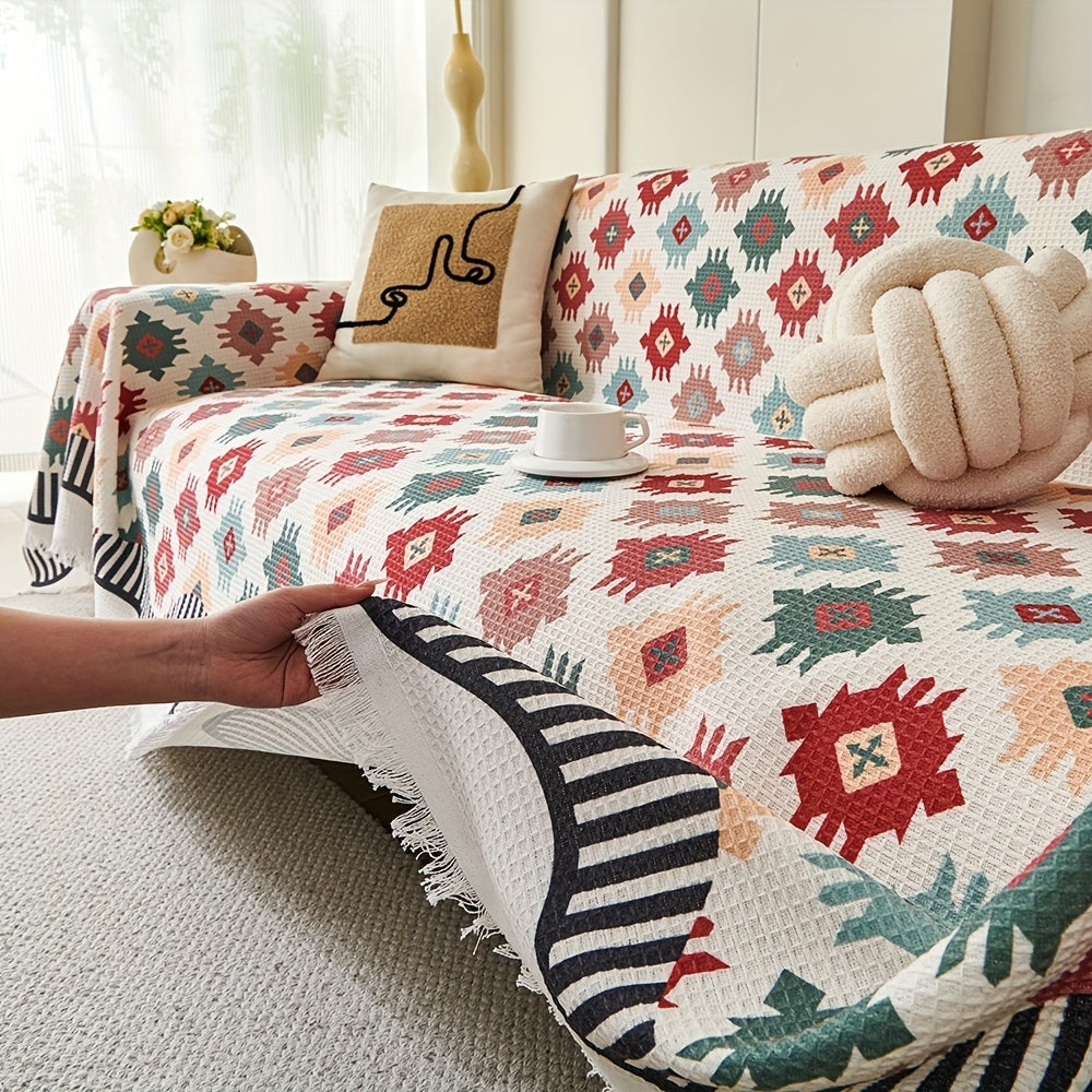 Geometric Earth-Tone Sofa Throw Cover with Fringe