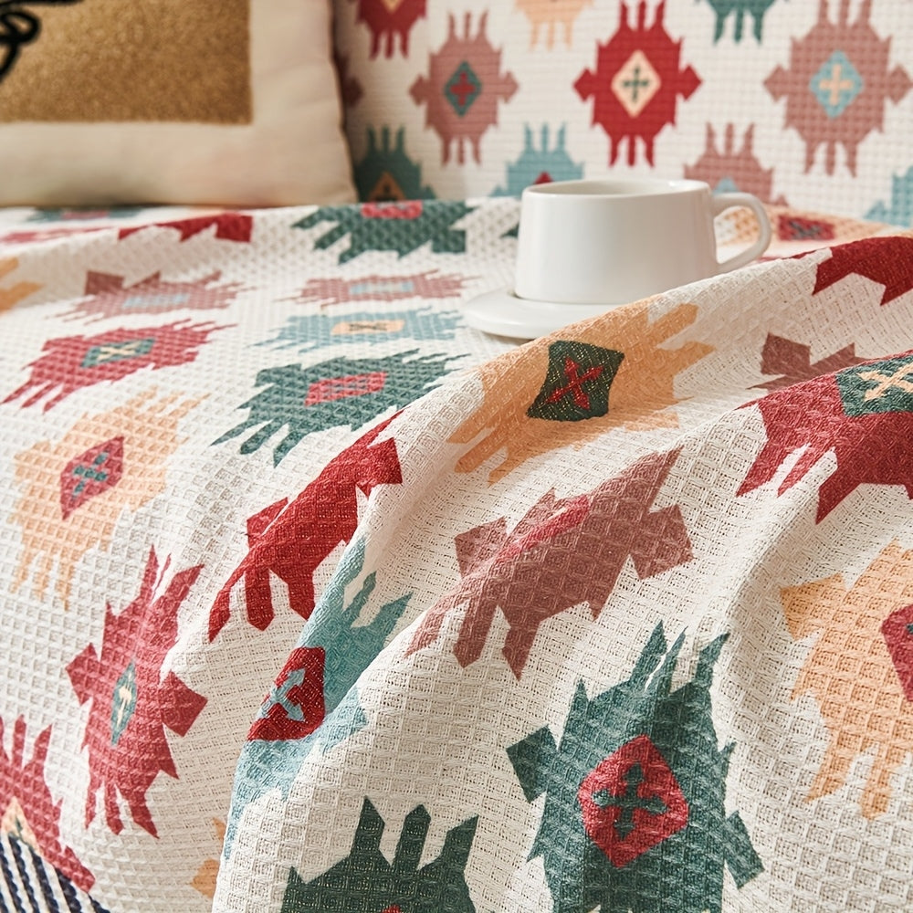 Geometric Earth-Tone Sofa Throw Cover with Fringe