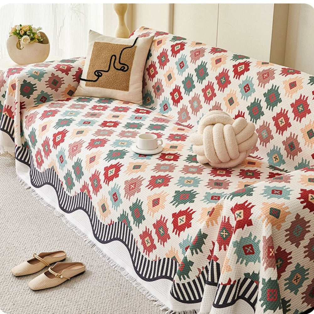 Geometric Earth-Tone Sofa Throw Cover with Fringe