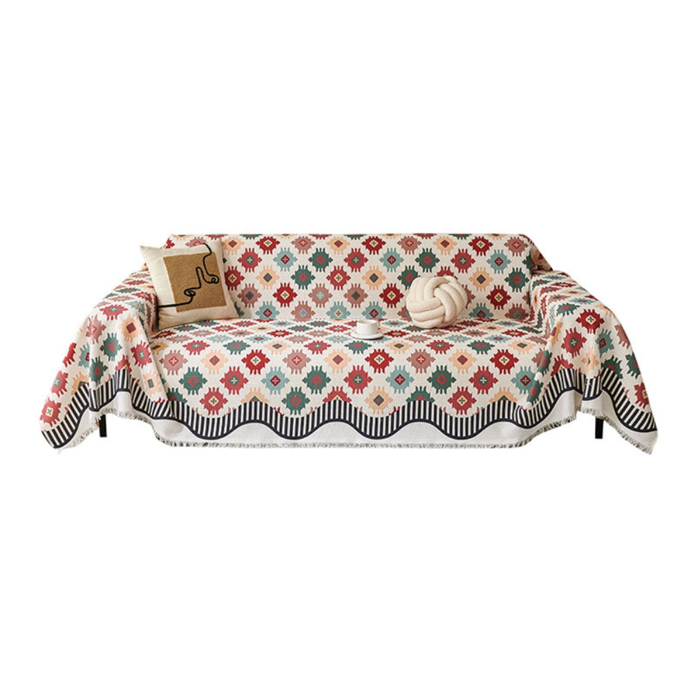 Geometric Earth-Tone Sofa Throw Cover with Fringe