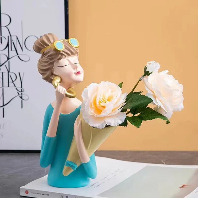 Elegant Girl Vase Decoration with Floral Design