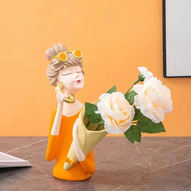 Elegant Girl Vase Decoration with Floral Design
