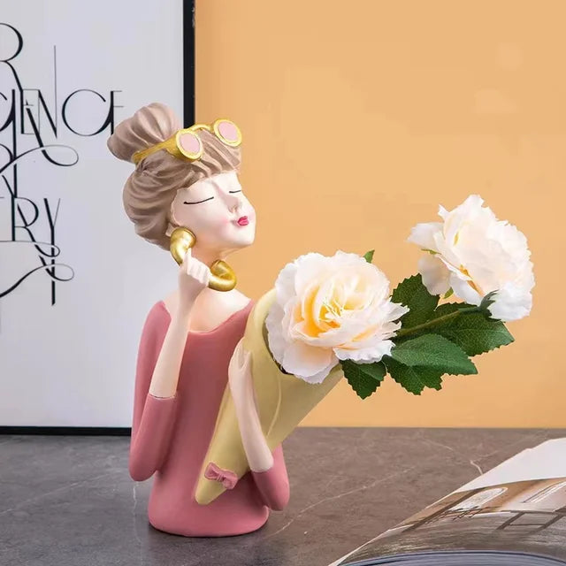 Elegant Girl Vase Decoration with Floral Design