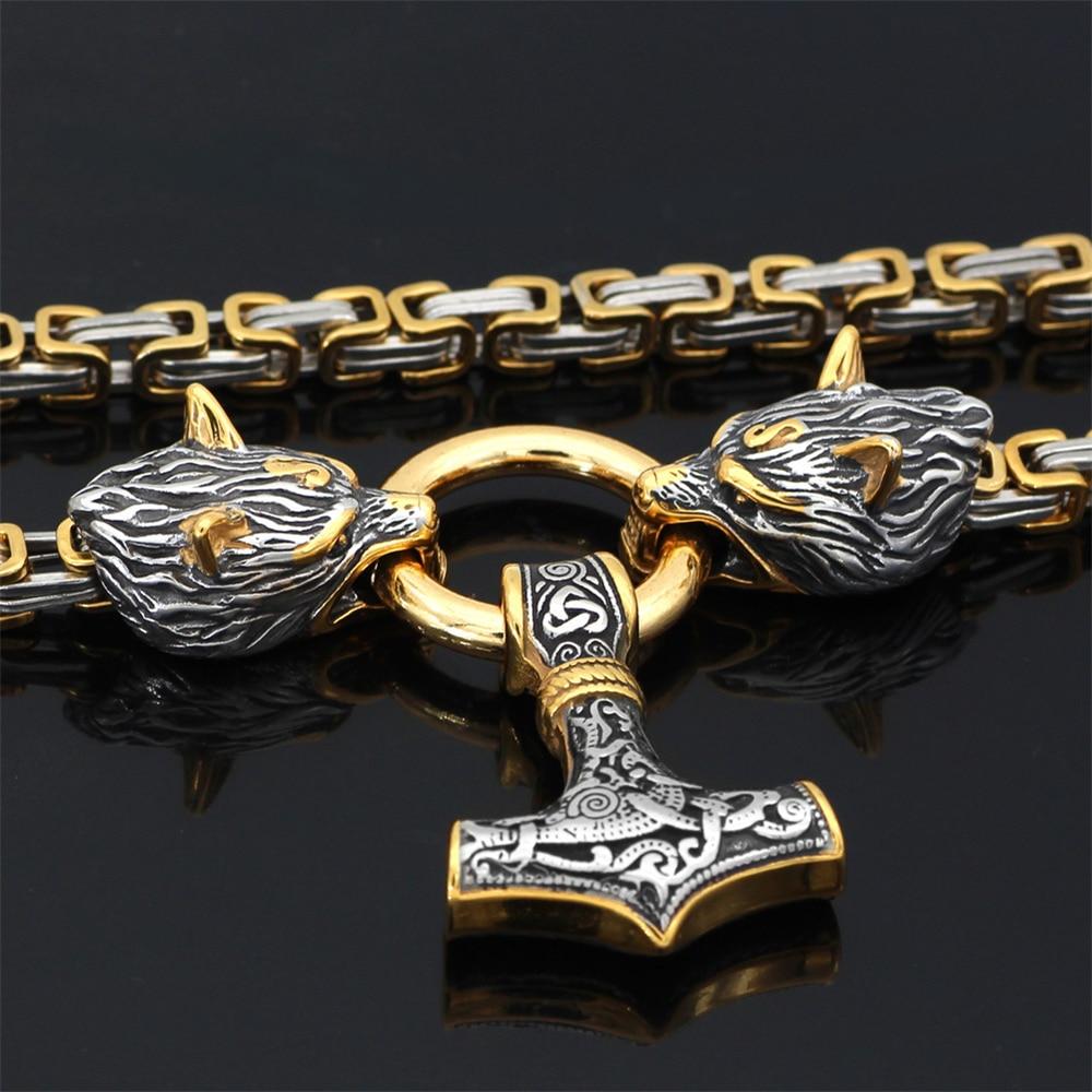 Stainless Steel Double Wolf Head and Mjolnir Necklace Bracelet 24-35 Inch