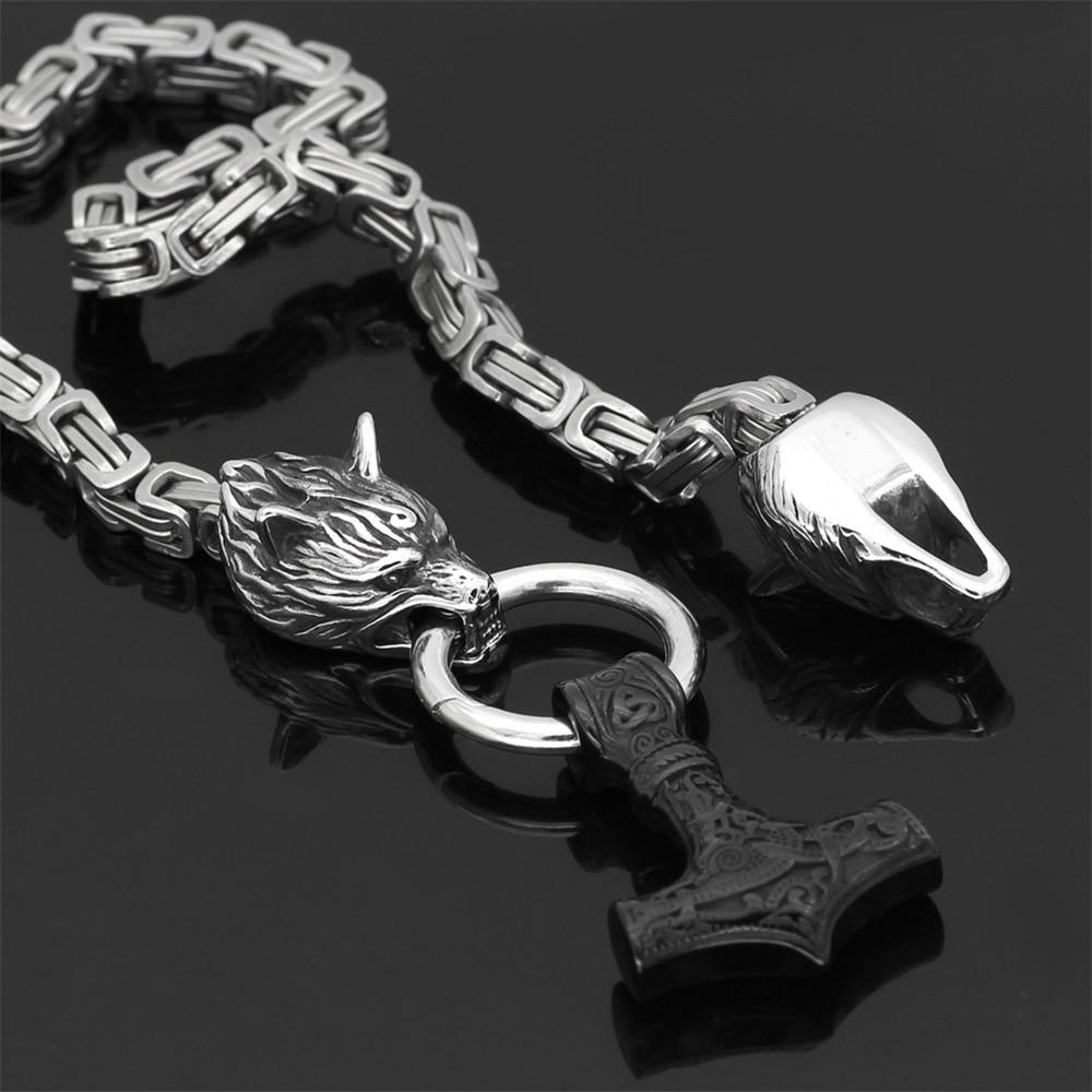 Stainless Steel Double Wolf Head and Mjolnir Necklace Bracelet 24-35 Inch