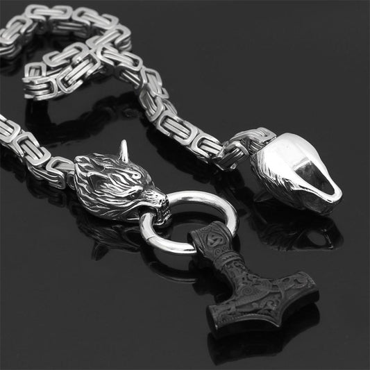 Stainless Steel Double Wolf Head and Mjolnir Necklace Bracelet 24-35 Inch
