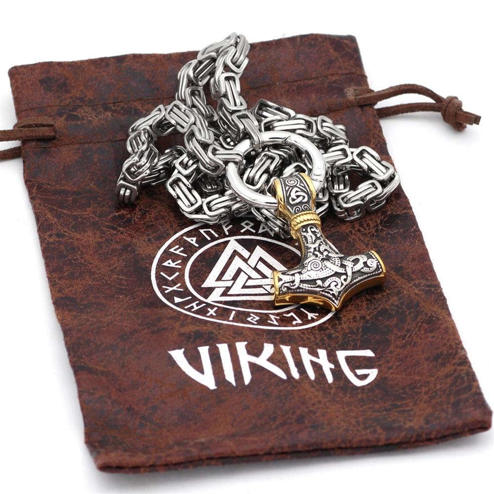 Stainless Steel Double Wolf Head and Mjolnir Necklace Bracelet 24-35 Inch