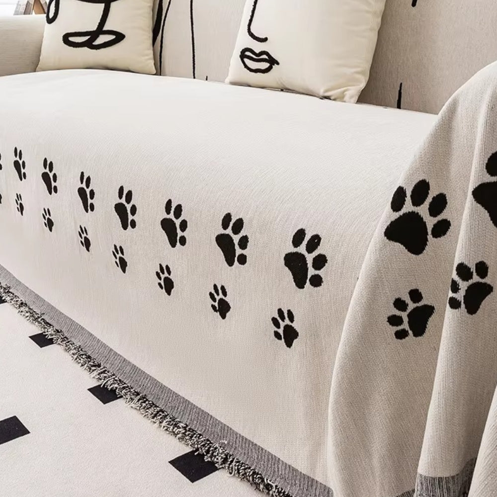 Chenille Cat Paw Sofa Cover with Tassel Edges