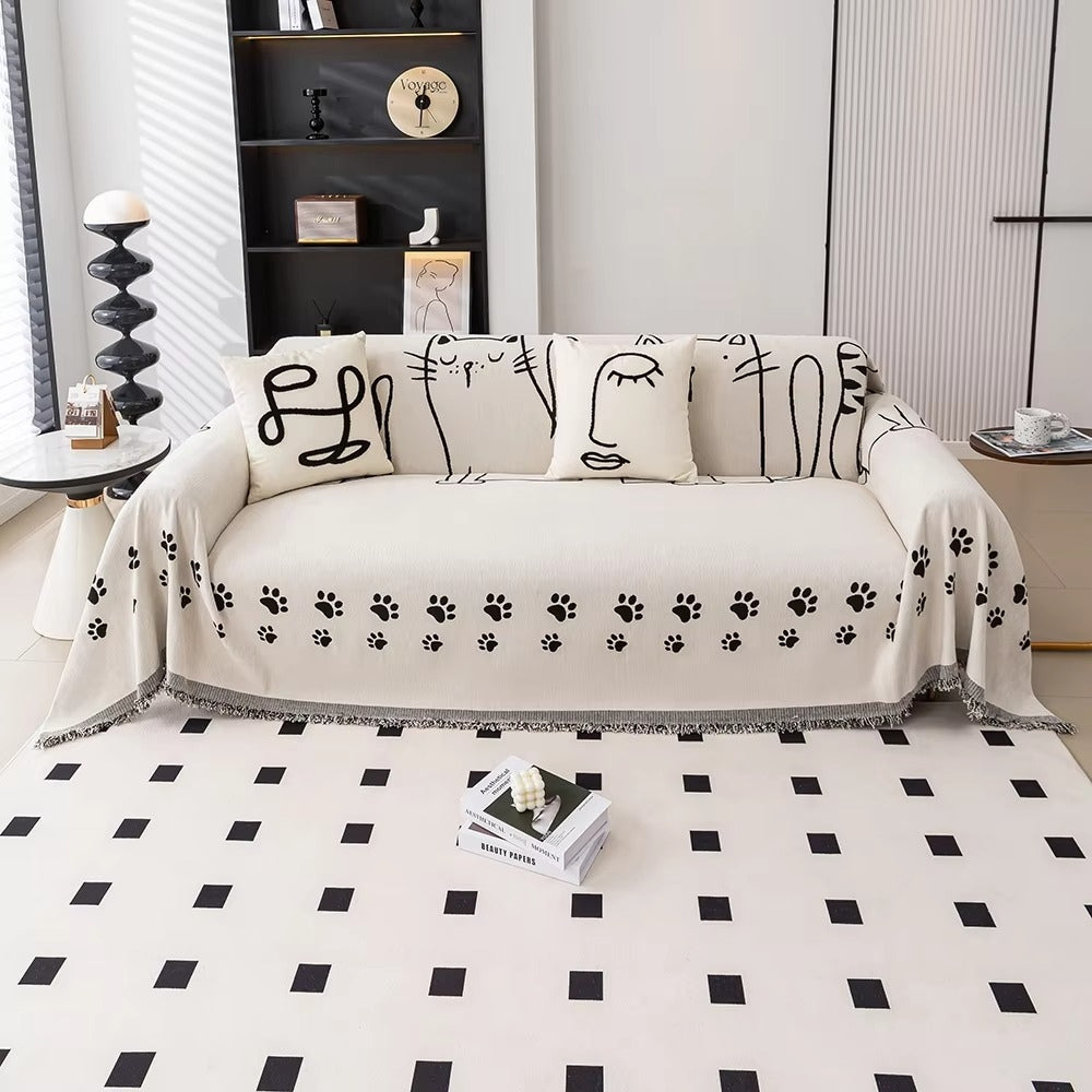 Chenille Cat Paw Sofa Cover with Tassel Edges