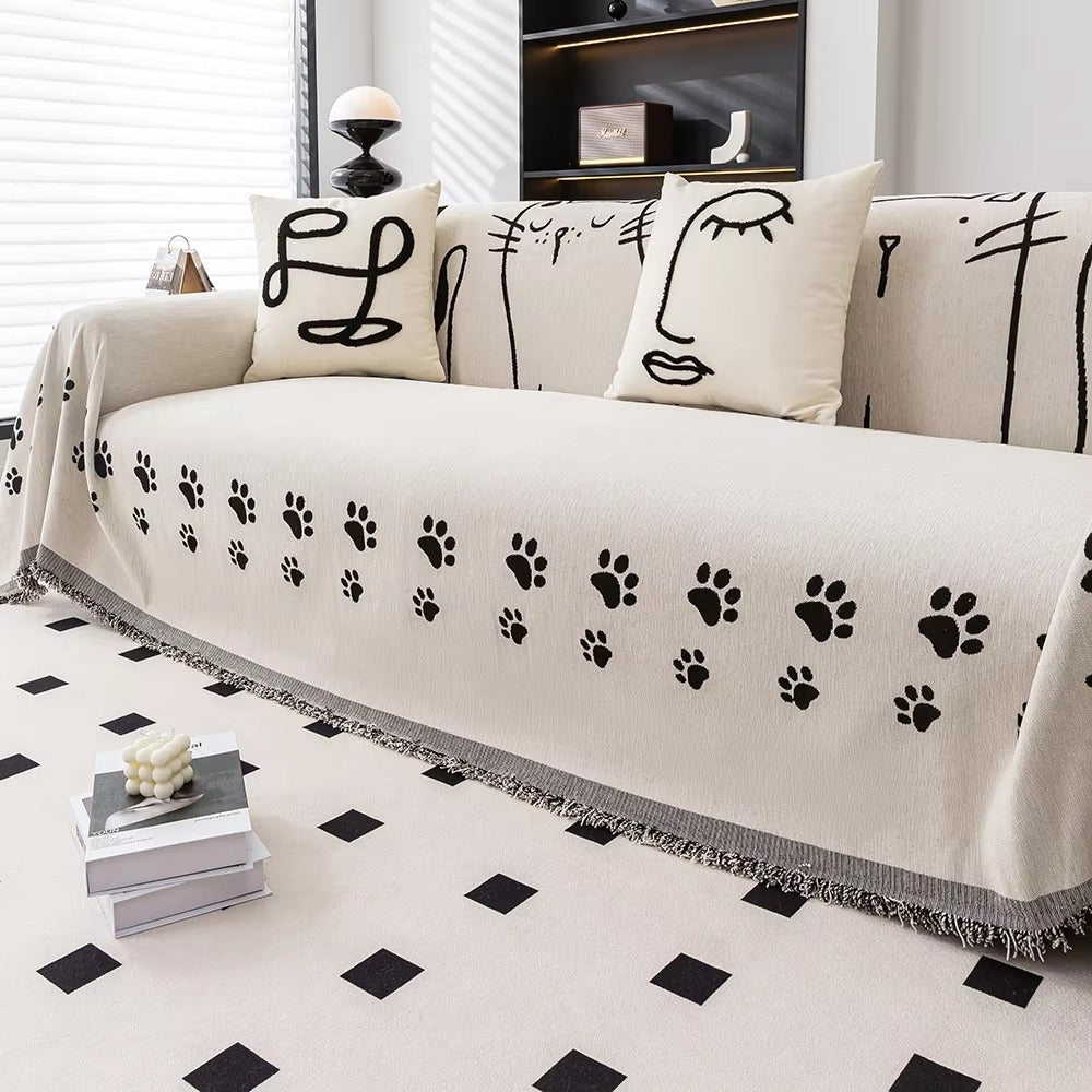 Nordic Cat Paw Chenille Sofa Cover with Tassel Edges