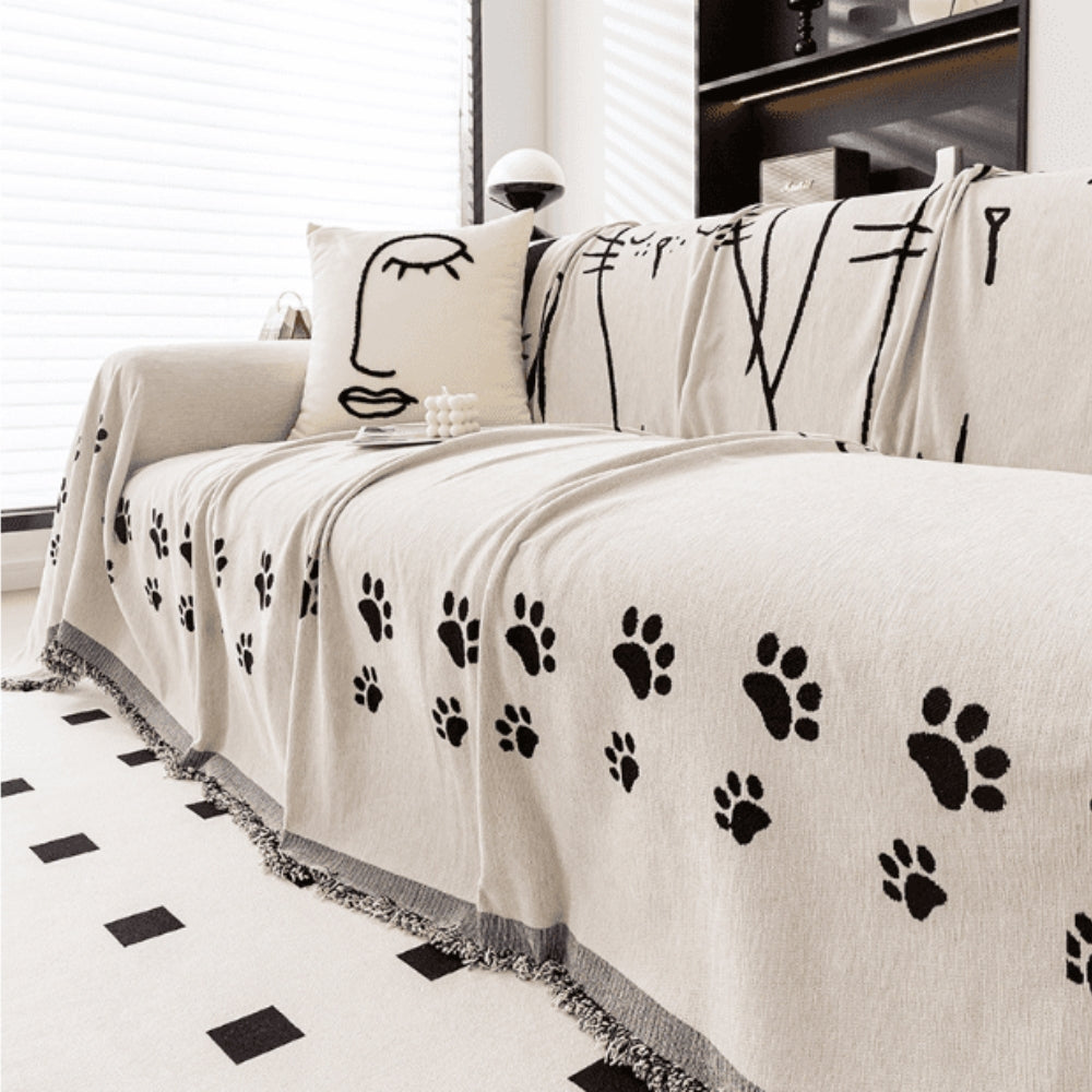 Chenille Cat Paw Sofa Cover with Tassel Edges