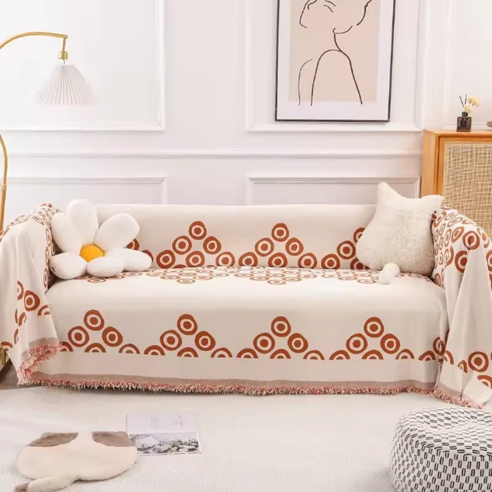 Chenille Sofa Cover with Circular Pattern and Tassel Accents